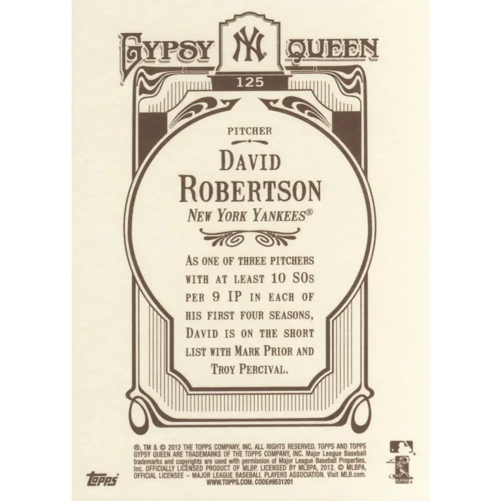 2012 Topps Gypsy Queen David Robertson # 125 New York Yankees